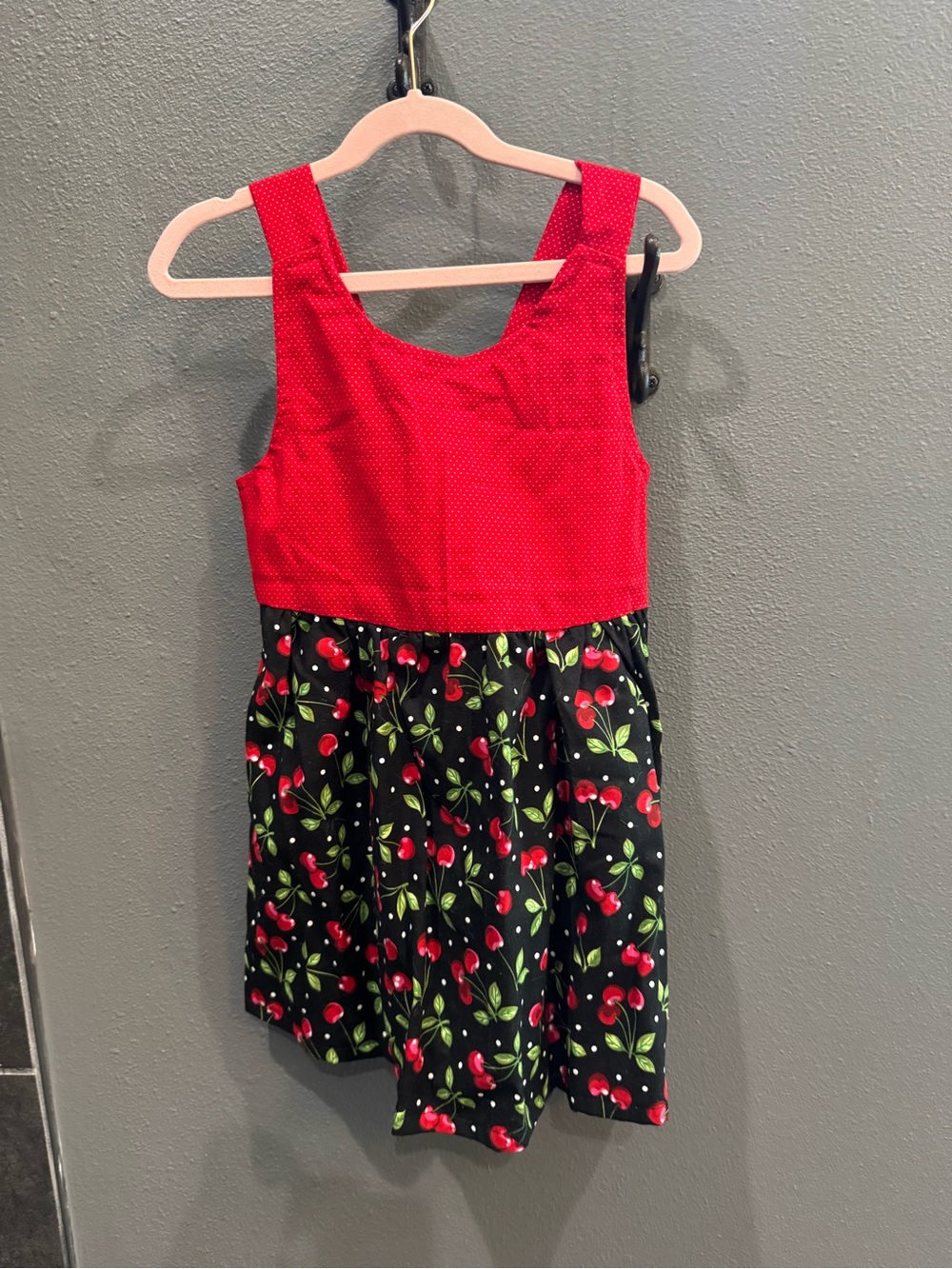 Red & Black Cherry Print Handmade Girls' Casual Dress
